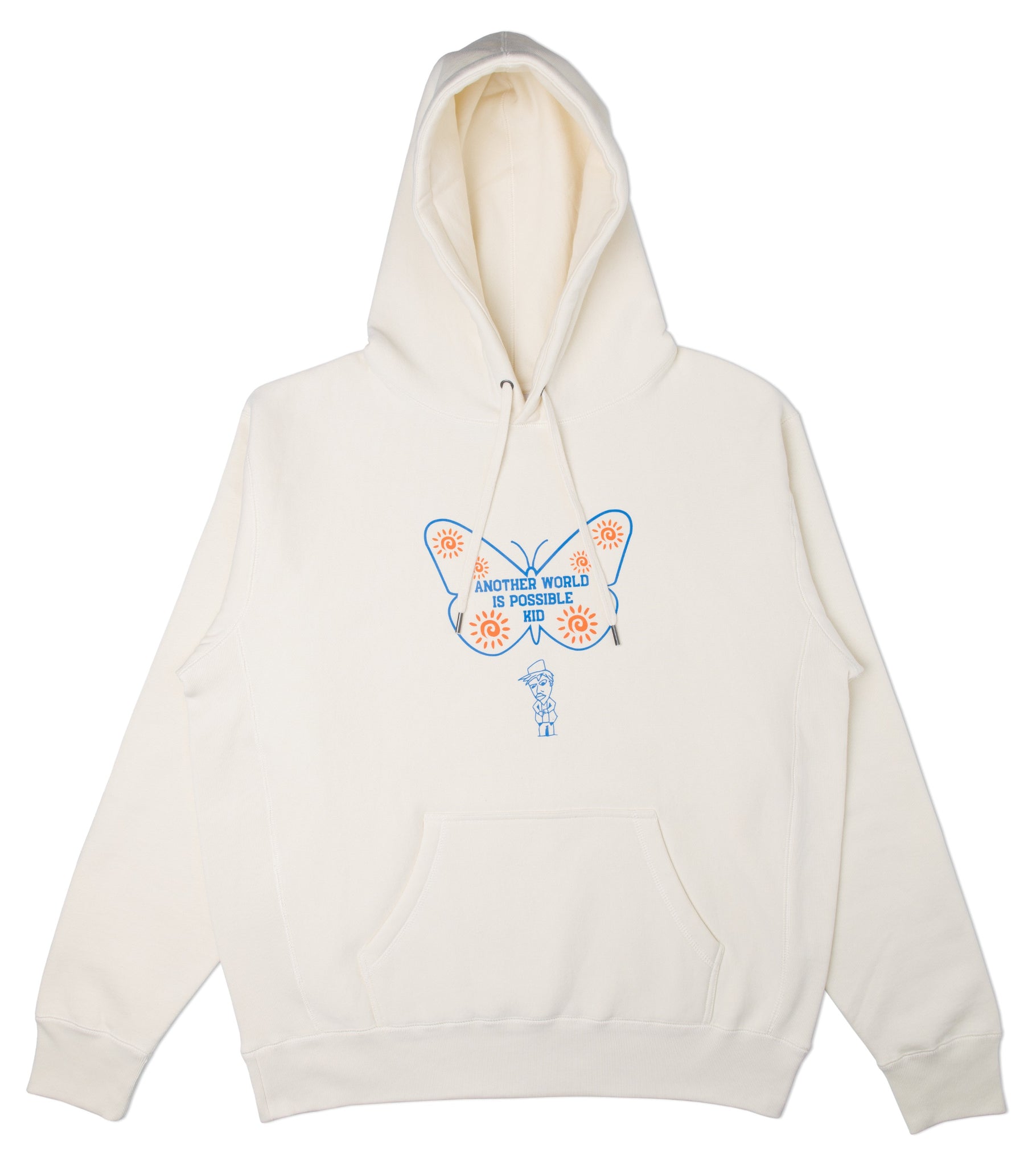 Heavyweight cross-grain hoodie in bone color with Another World Is Possible Kid baby blue and orange graphic front print