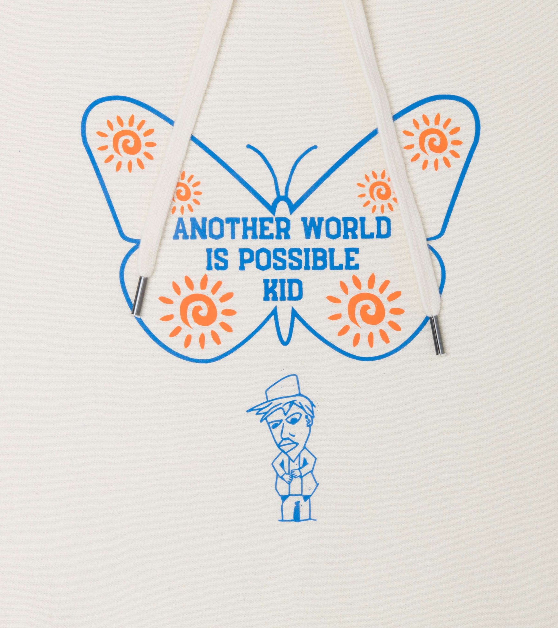 Close-up of Another World Is Possible Kid blue and orange graphic front print on bone colored heavyweight cross-grain hoodie