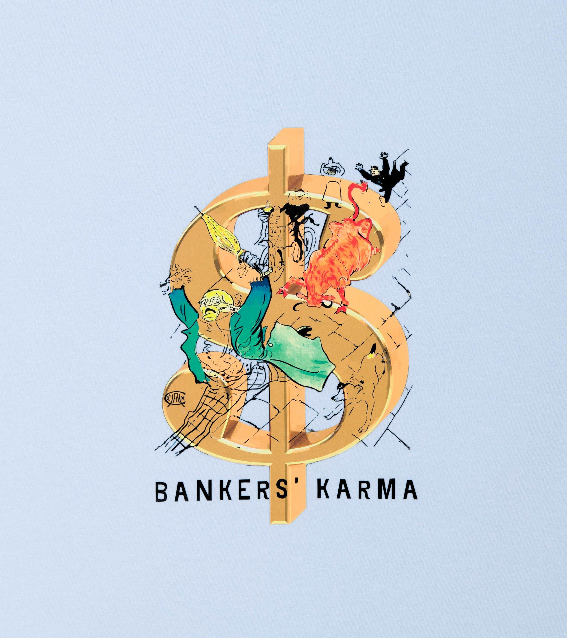 Close-up of Bankers Karma sketch and golden dollar sign on unisex cotton graphic t-shirt in chambray blue.