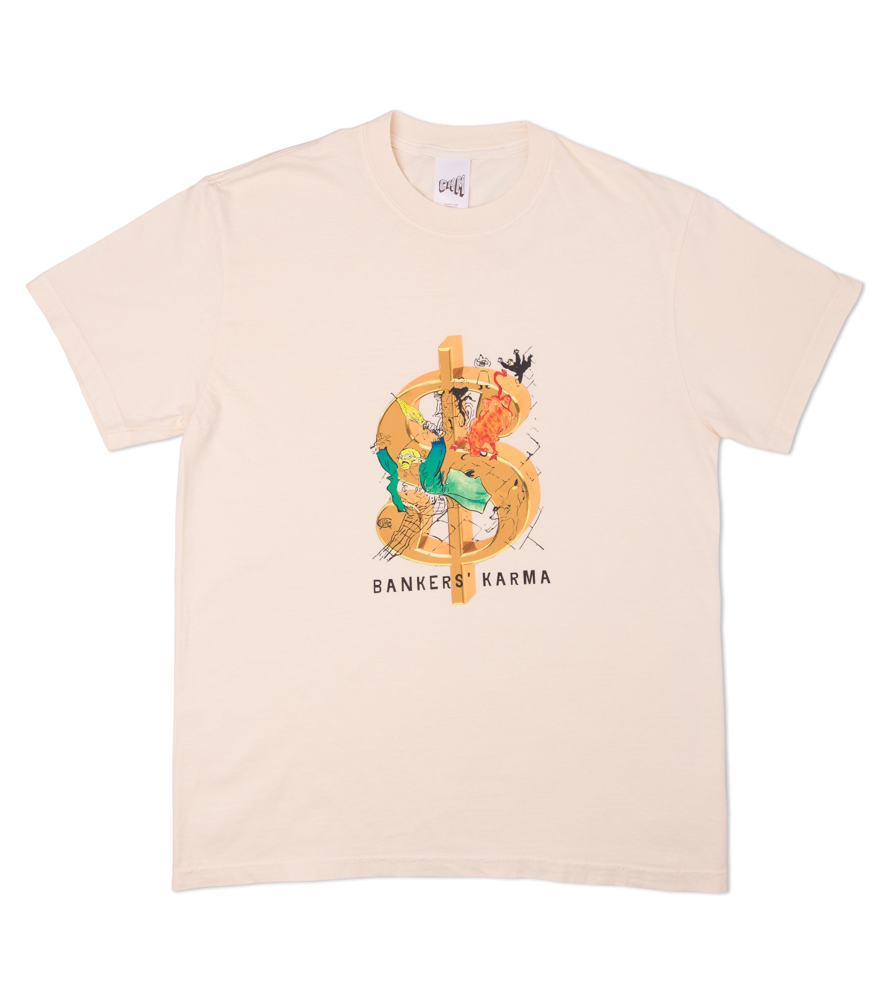 Relaxed fit unisex cotton graphic t-shirt in ivory with vintage Bankers Karma sketch overlaid on golden dollar sign.