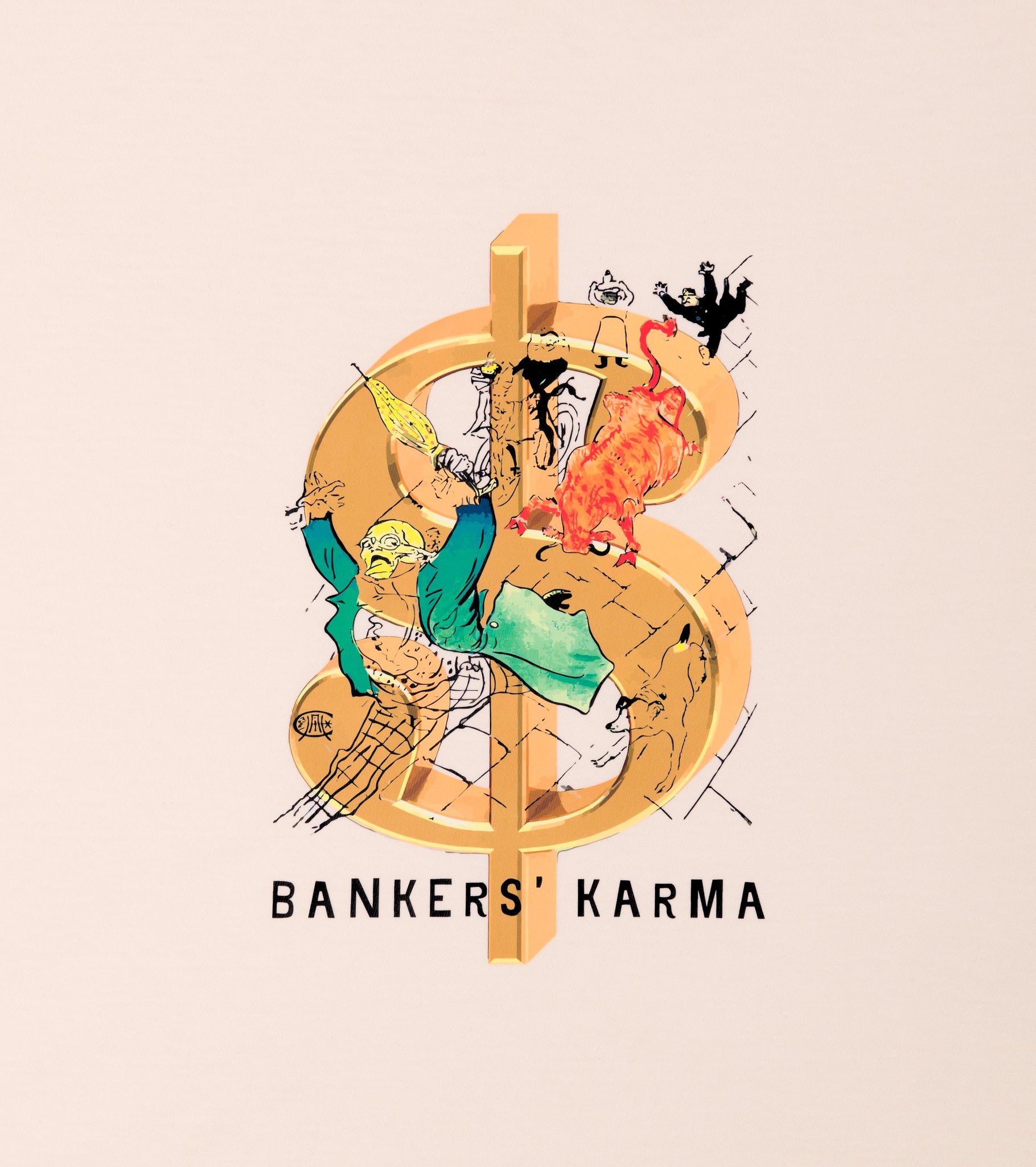 Close-up of Bankers Karma sketch and golden dollar sign on unisex cotton graphic t-shirt in ivory.