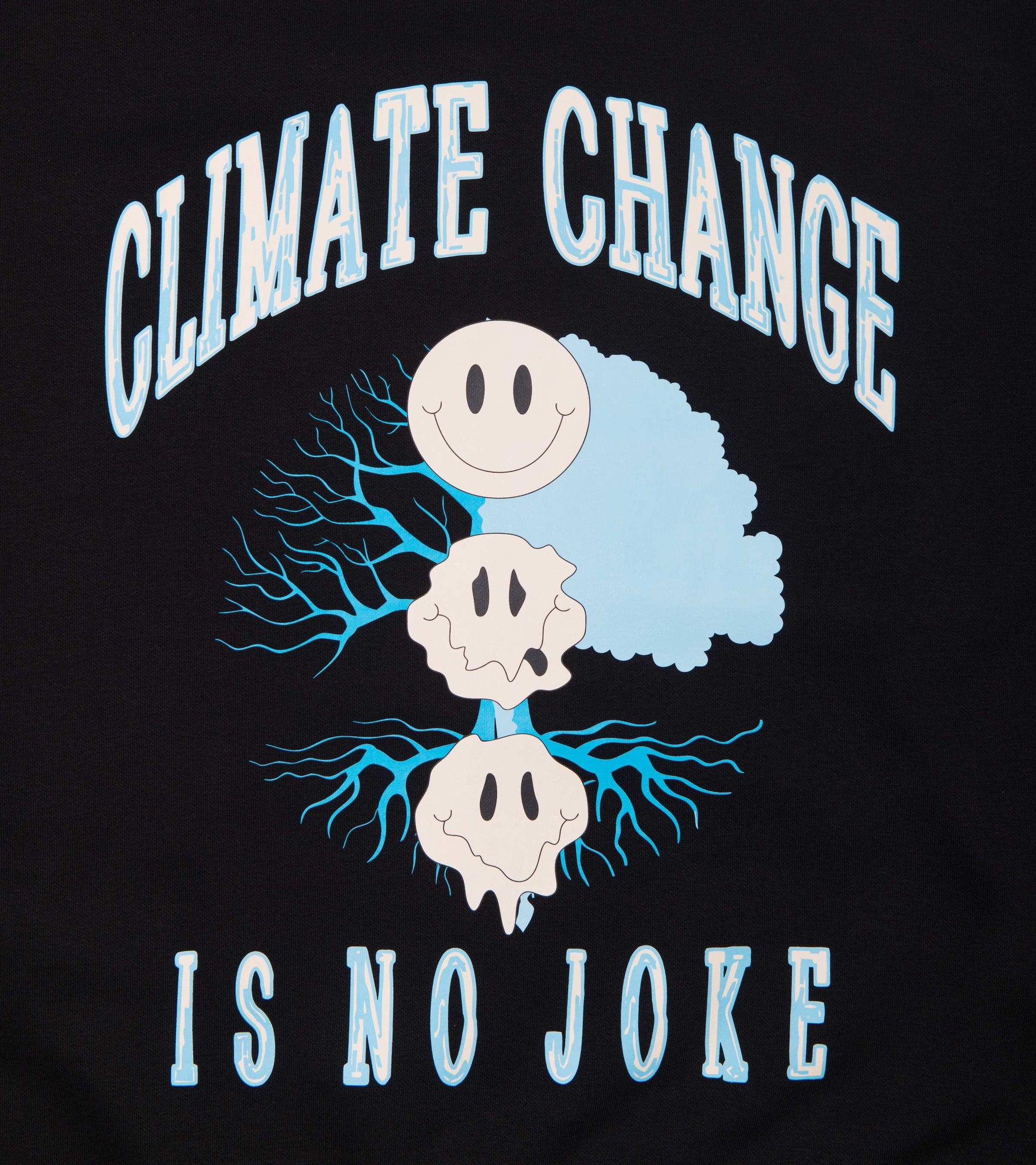 Close-up of Climate Change Is No Joke front graphic with text on black relaxed fit oversized heavyweight crewneck sweatshirt