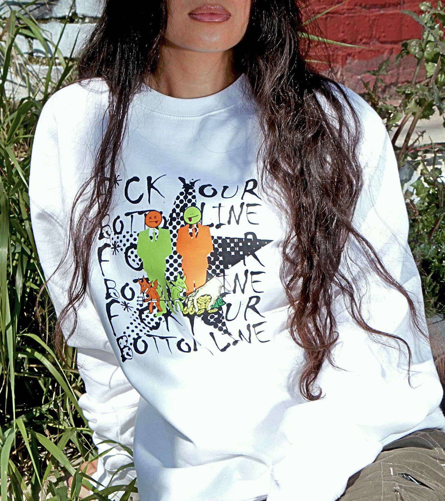 Close-up of classic fit white crewneck midweight sweatshirt with Fuck Your Bottom Line print