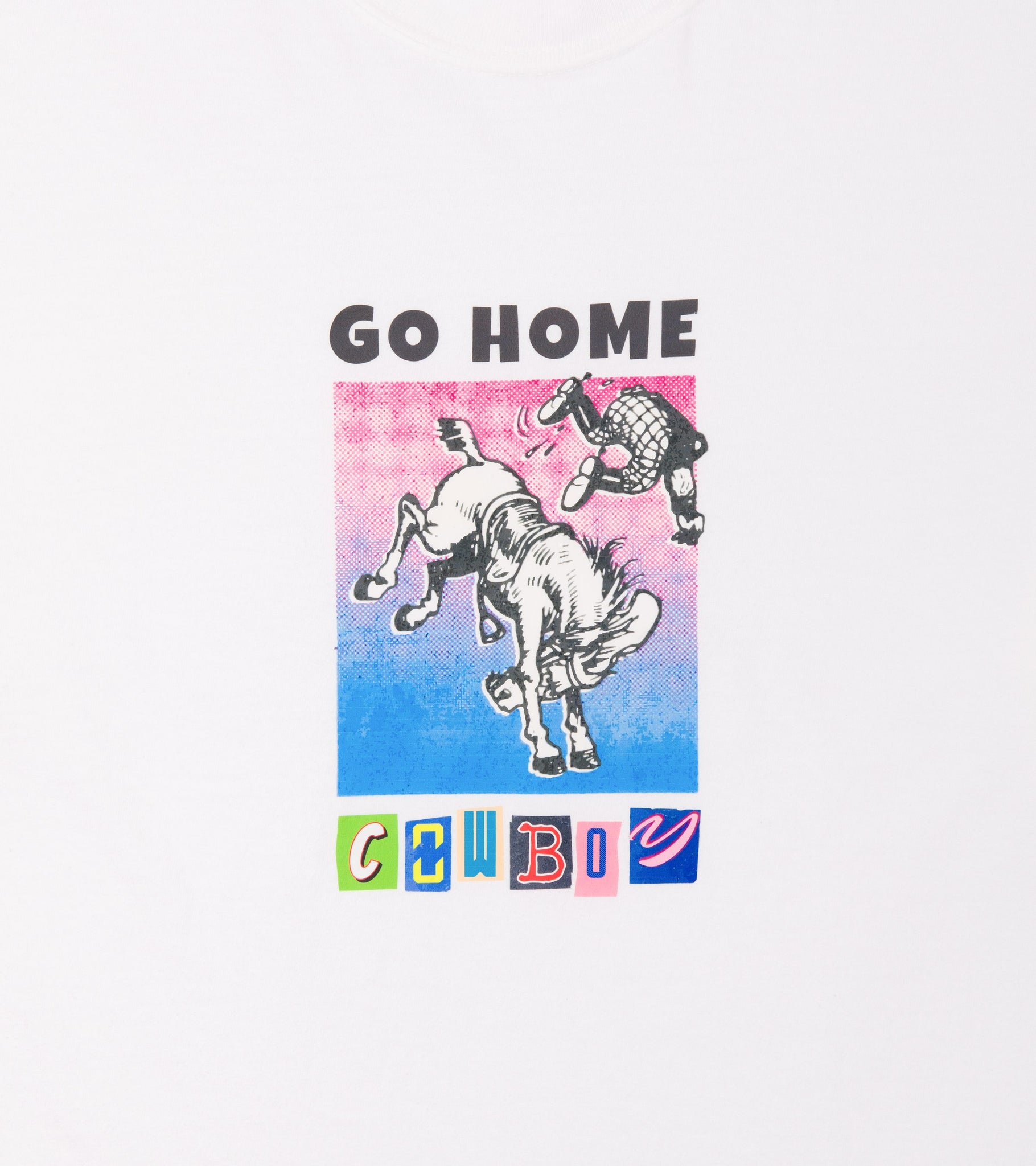 Close-up of Go Home Cowboy front print with cowboy and horse graphic on relaxed fit unisex cotton long sleeve white t-shirt