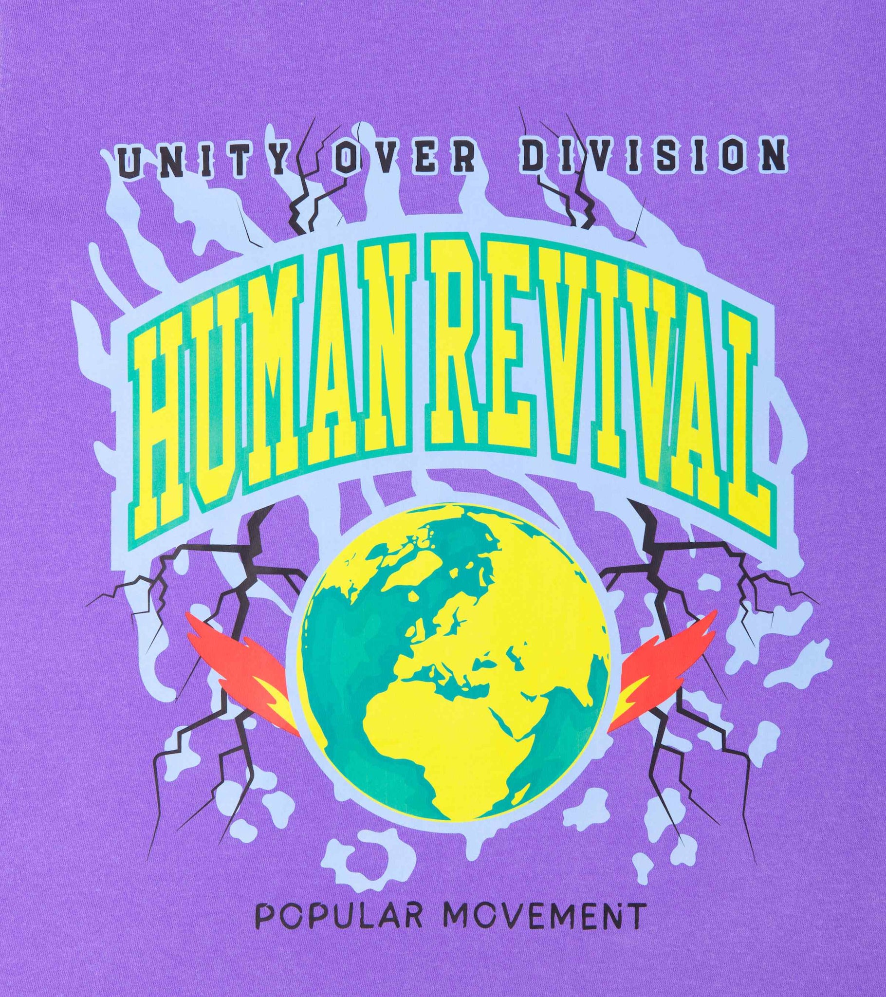 Close-up of Human Revival and Unity Over Division front print on unisex violet colored cotton graphic t-shirt