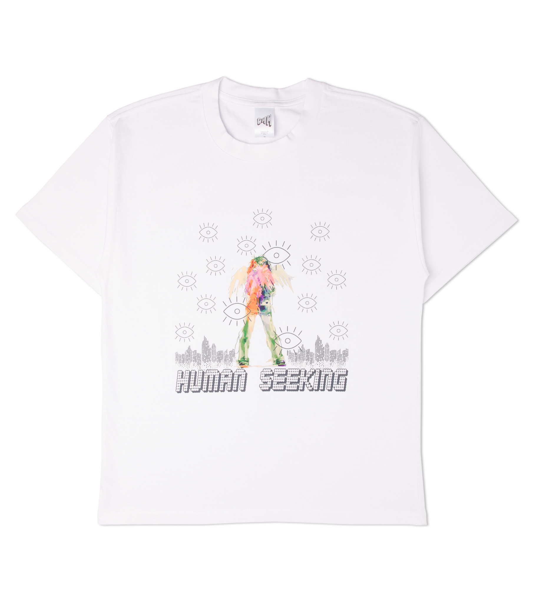 Oversized fit unisex cotton graphic t-shirt in white with artistic front print that says Human Seeking