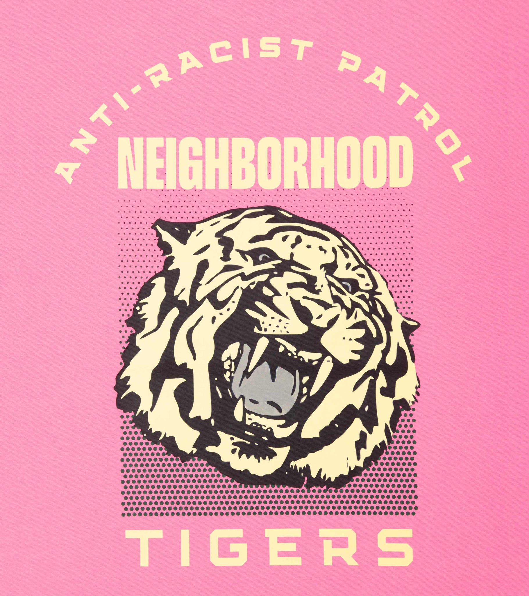 Close-up of Anti-Racist Patrol, Neighborhood Tigers back print with tiger image on unisex cotton graphic t-shirt in neon pink