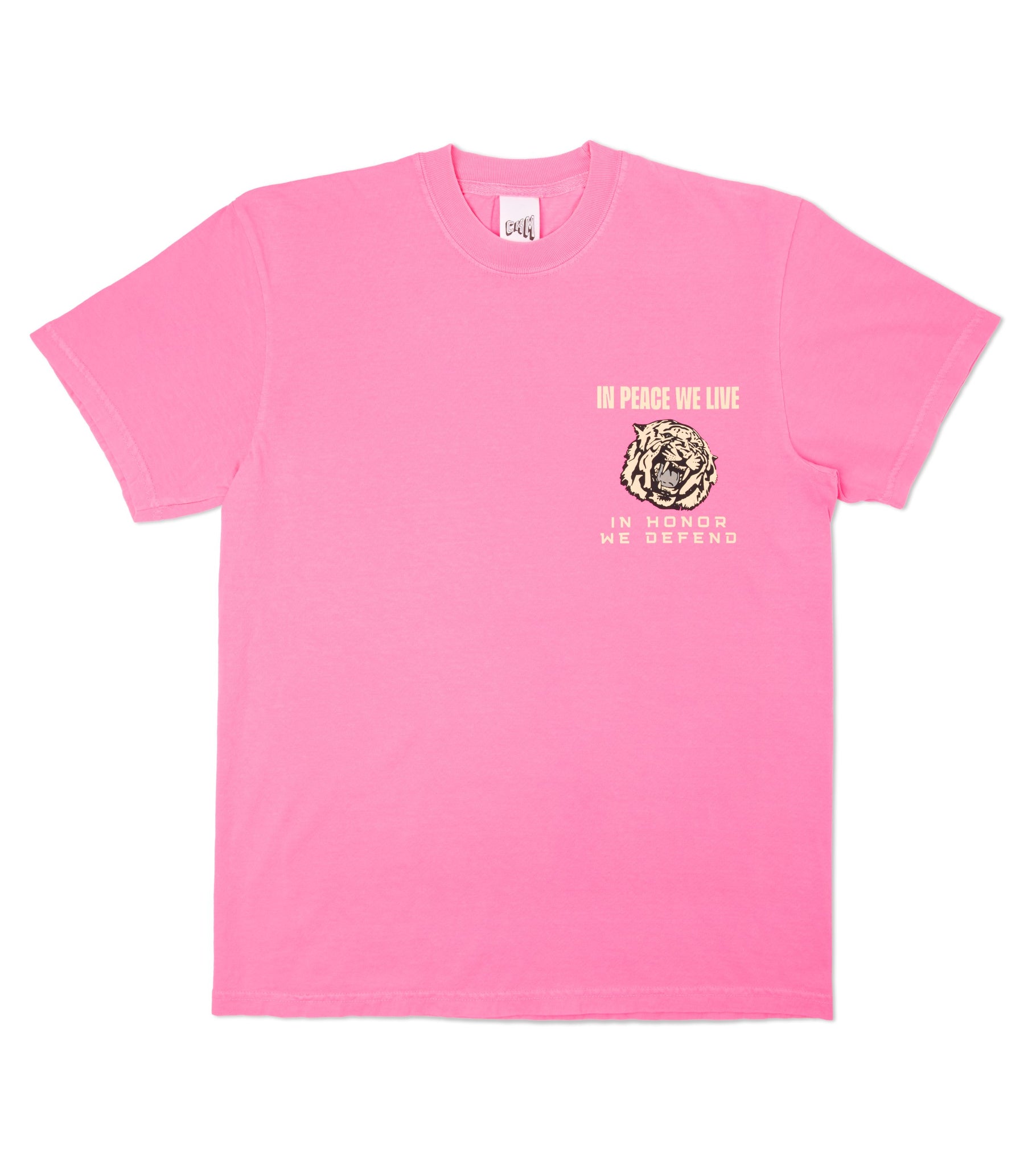 Relaxed fit unisex cotton graphic t-shirt in neon pink with front print that says In Peace We Live In Honor We Defend.