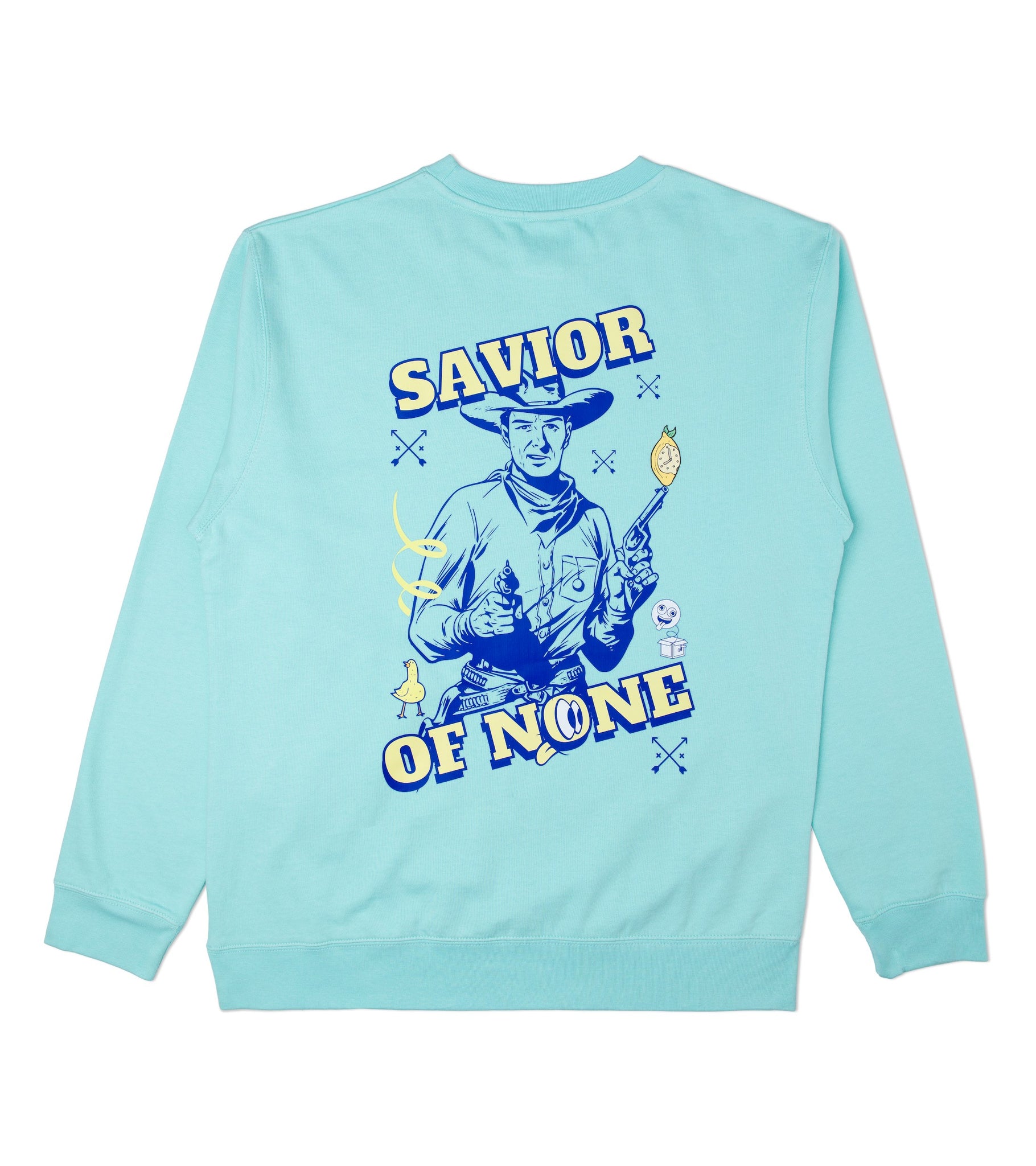 Back print view of classic fit Savior of None midweight mint crewneck sweatshirt