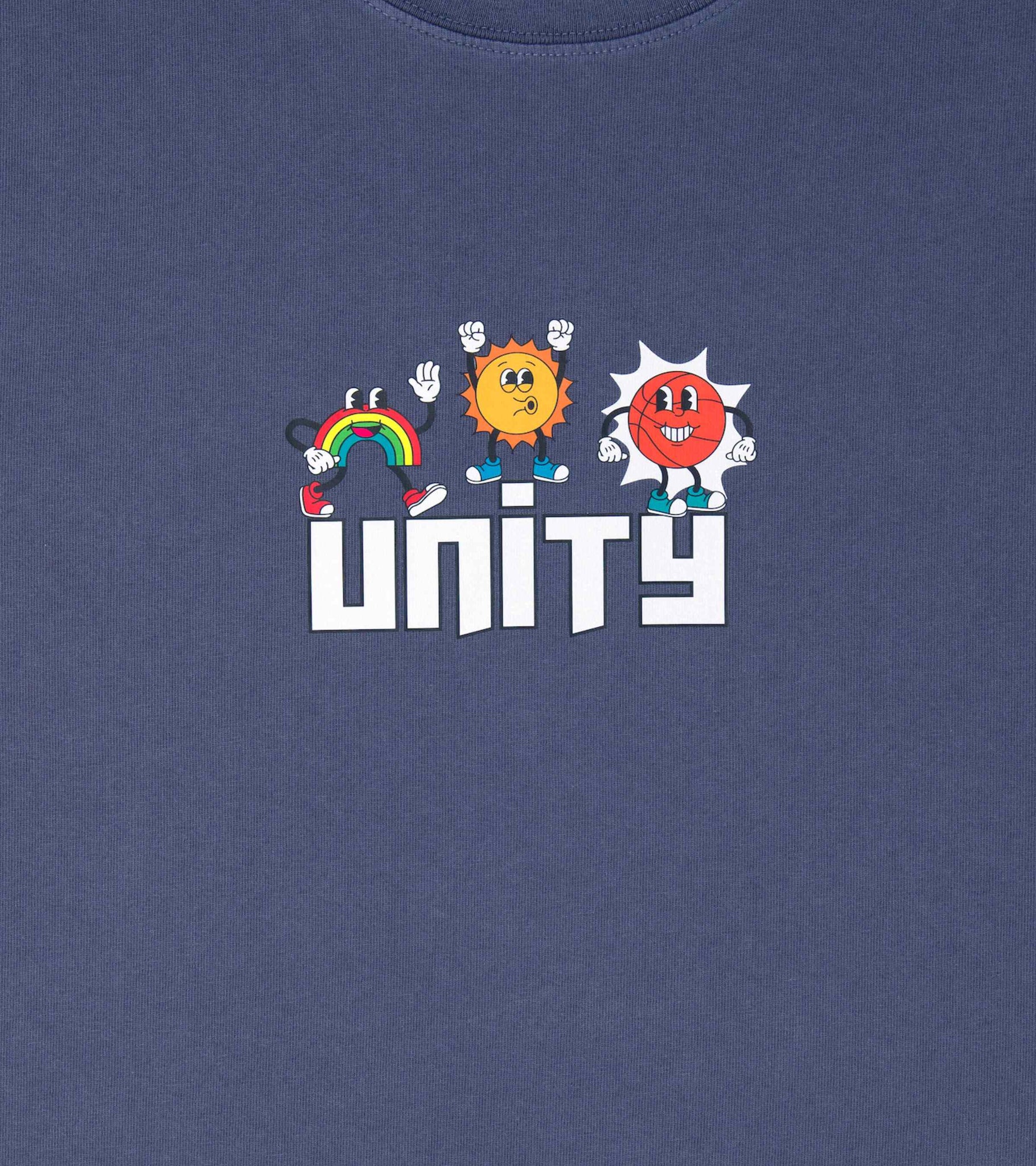 Close-up of Unity front print on oversized fit unisex cotton graphic t-shirt in faded indigo