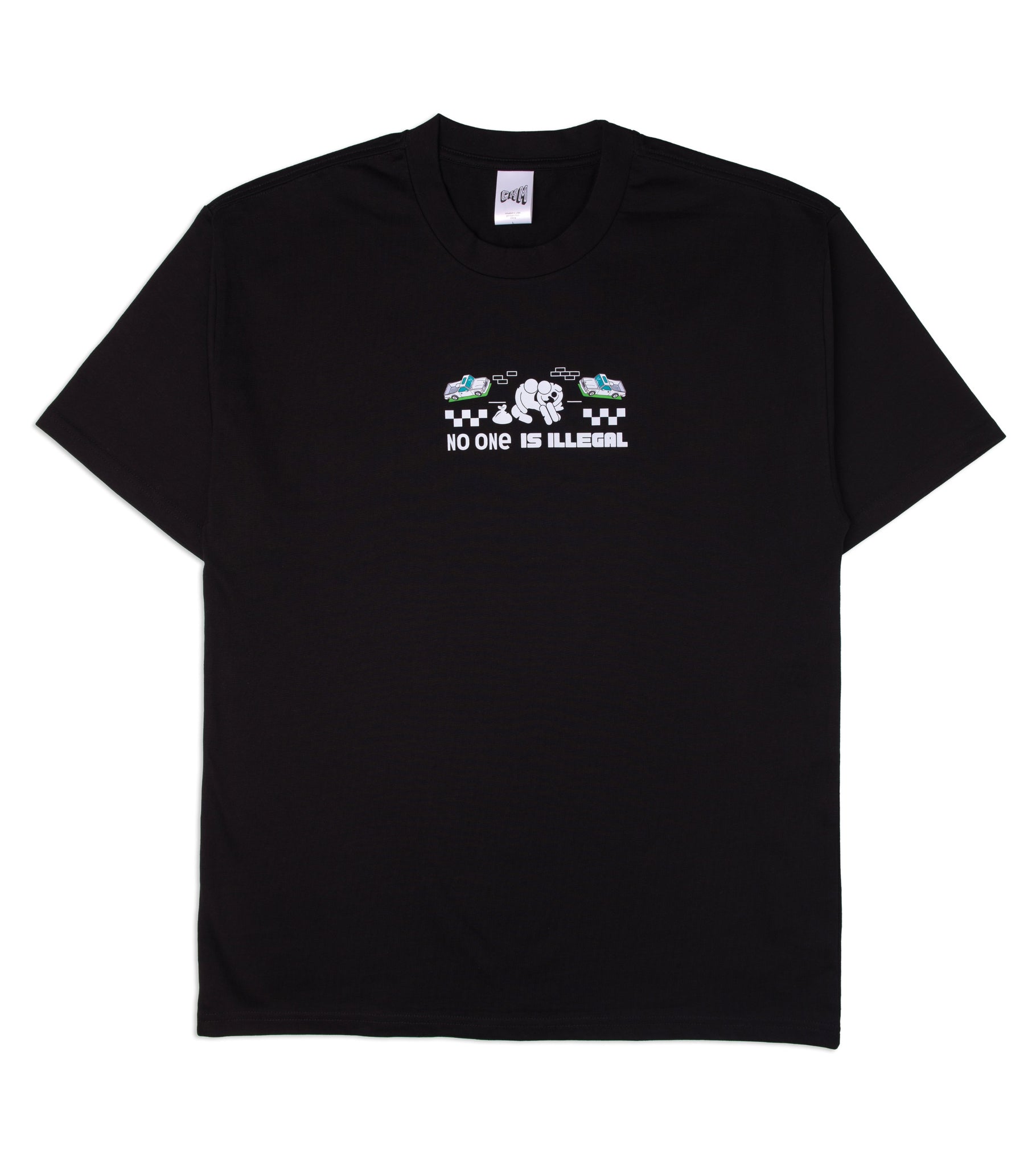 Oversized unisex cotton graphic t-shirt in black with Welcome Migrants Taxi Service, No One Is Illegal front and back print