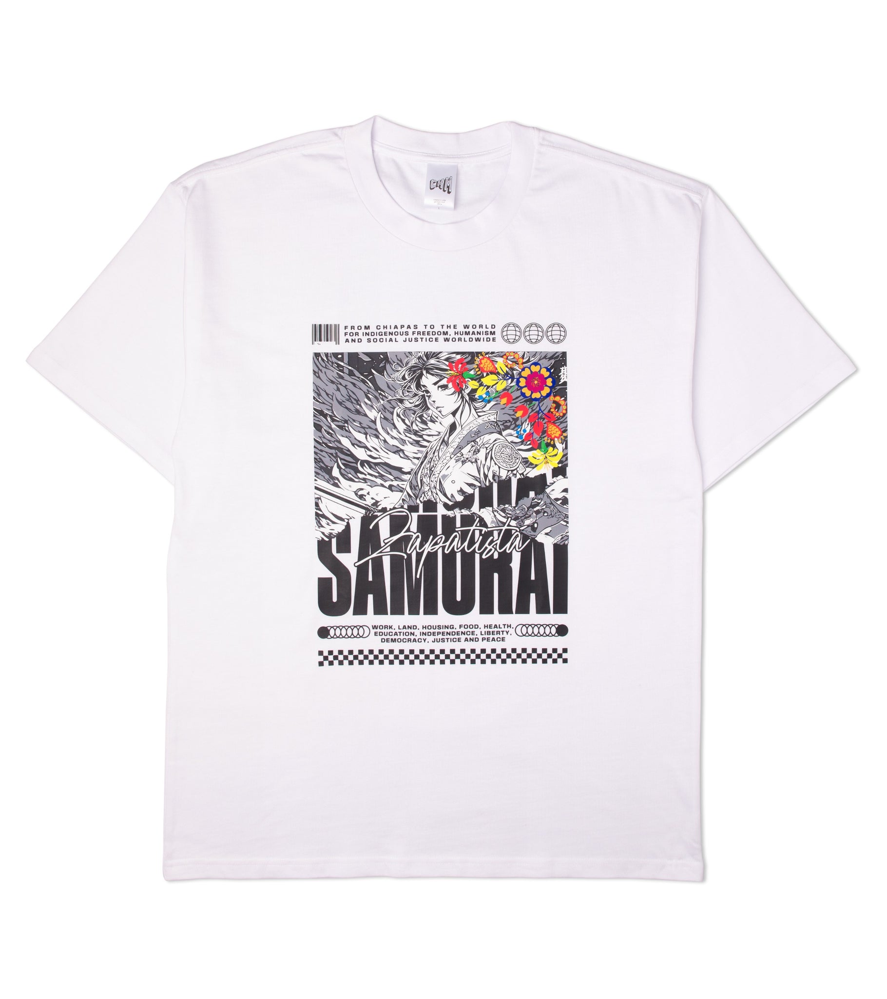 Oversized fit unisex cotton graphic t-shirt in white with front print that says Zapatista Samurai.