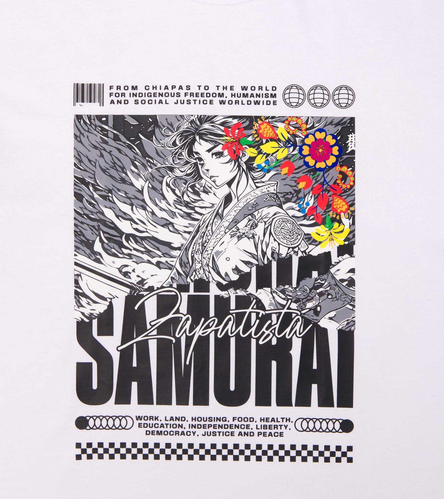 Close-up of front print with Zapatista Samurai print on oversized unisex white cotton graphic t-shirt.